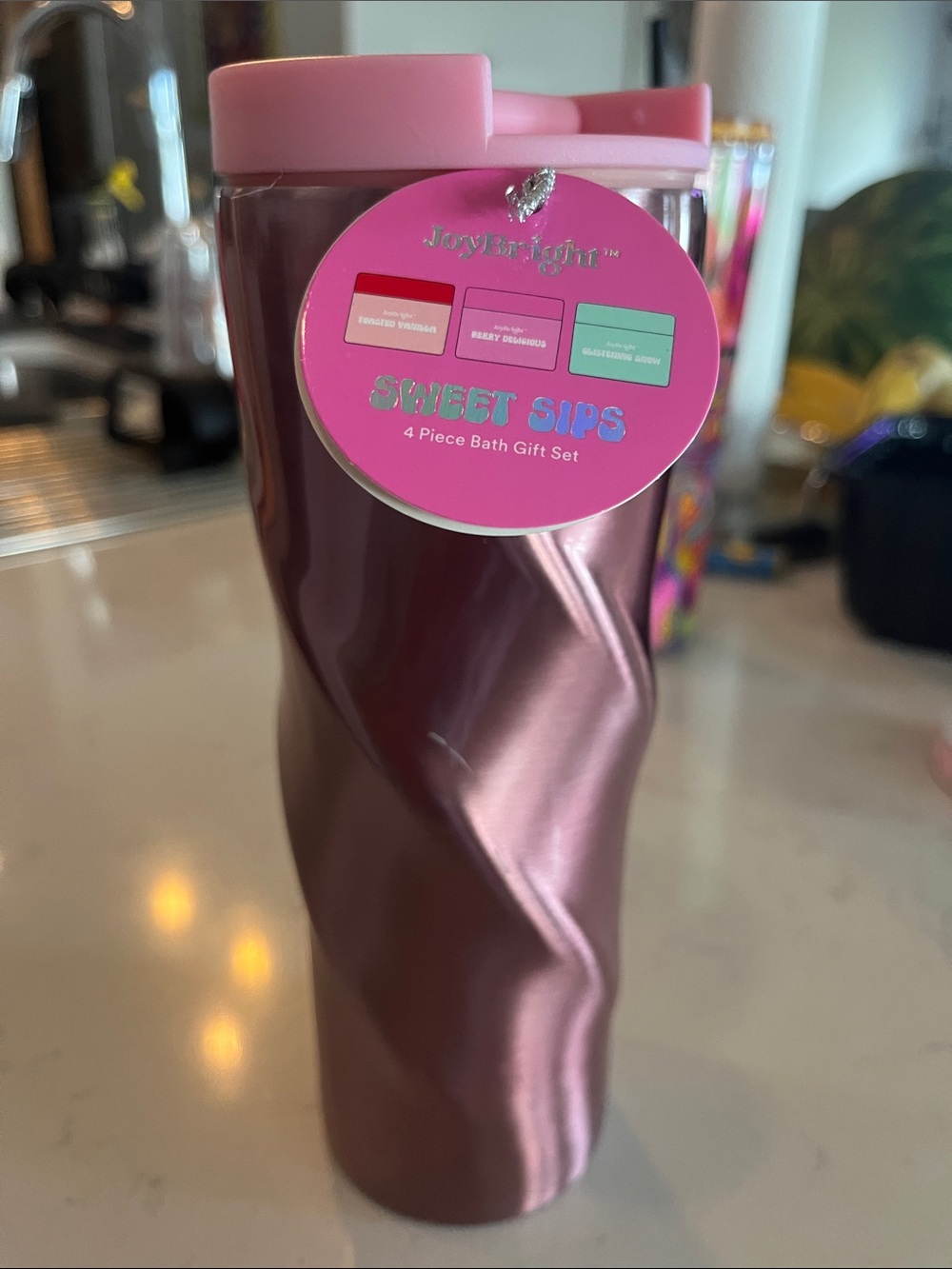 NWT Ulta JoyBright Sweet Sips 4pc Bath & Tumbler Gift Set Rose Gold Pink New